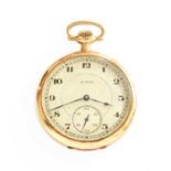 A 14 Carat Gold Open Faced Pocket Watch, signed Illinois No dust cover  Outer case diameter - 44mm