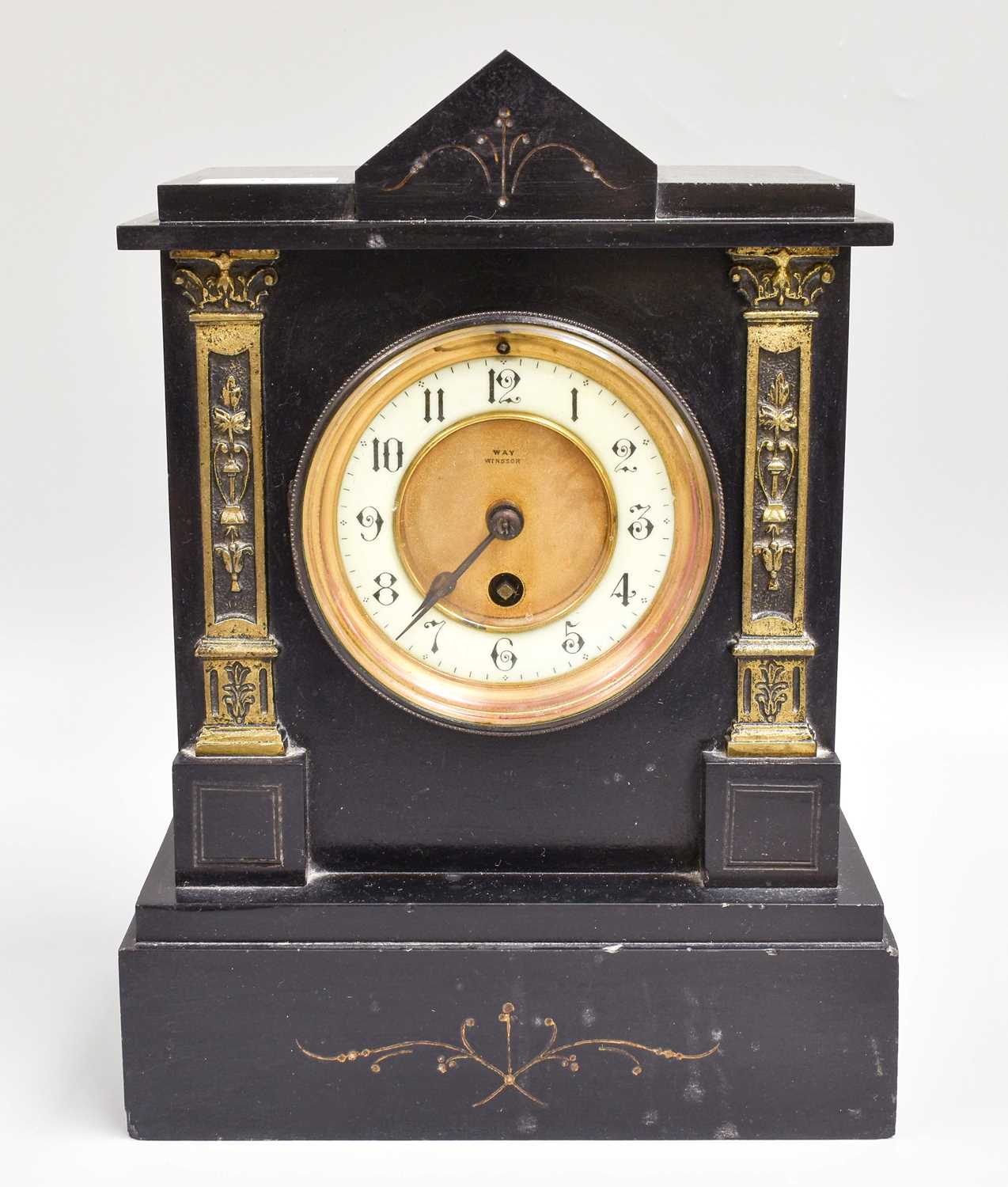 A Victorian Black Slate Mantel Timepiece, retailed by Way Windsor, 31cm high