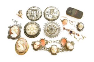 A Small Quantity of Jewellery, comprising of a cameo brooch, in a 9 carat gold frame, measures 4.1cm