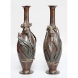 A Pair of Japanese Meiji Period Bronze Vases, with applied floral decoration, 26cm high