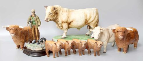 Beswick Cattle, including Highland Bulls and Calves and a Charolais Bull; together with a foreign