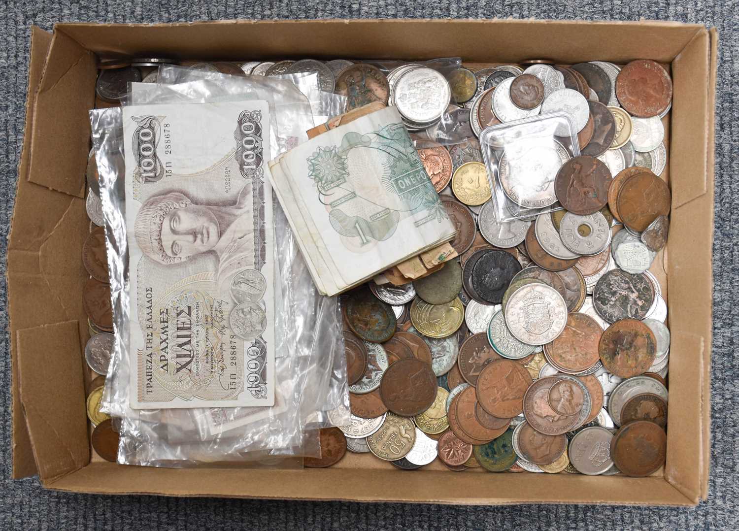 Mixed British and Foreign Coin and Banknotes; including an Edward VII, 1902 crown, one or two