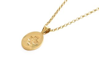 A 9 Carat Gold Oval Pendant on Chain, pendant length 3.0cm, chain length 51cm Chain clasp stamped '