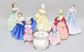 Seven Royal Doulton Porcelain Figures of Ladies; together with a porcelain posy bowl (one tray)