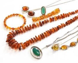 A Small Quantity of Amber Jewellery, comprising of three bracelets, a necklace and a pendant on