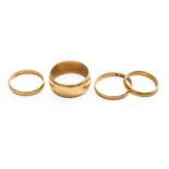 Three 9 Carat Gold Band Rings, finger sizes J1/2, P1/2 and T1/2; and Another Band Ring, stamped '