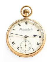 A 9 Carat Gold open Faced Pocket Watch, signed Thos Russell & son Case diameter - 47mm wide Gross