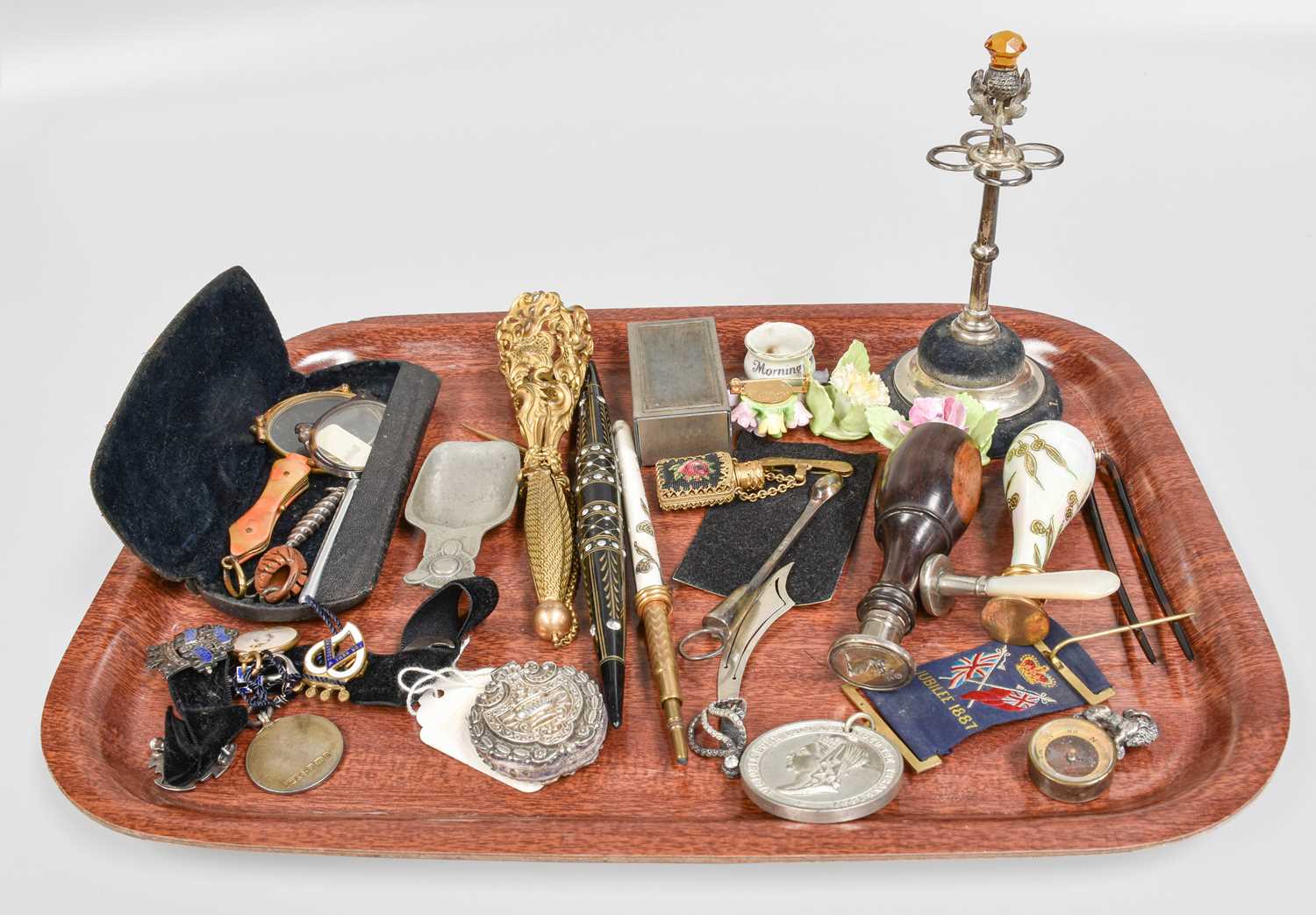 A Group of Interesting Items, including a Victorian gilt metal posy holder, Lorgnette, a solkets