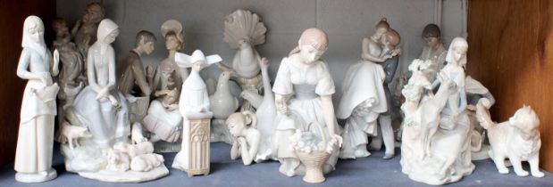 Ten Lladro Figures, and a small group of other figures (one shelf) Generally ok, one figure with