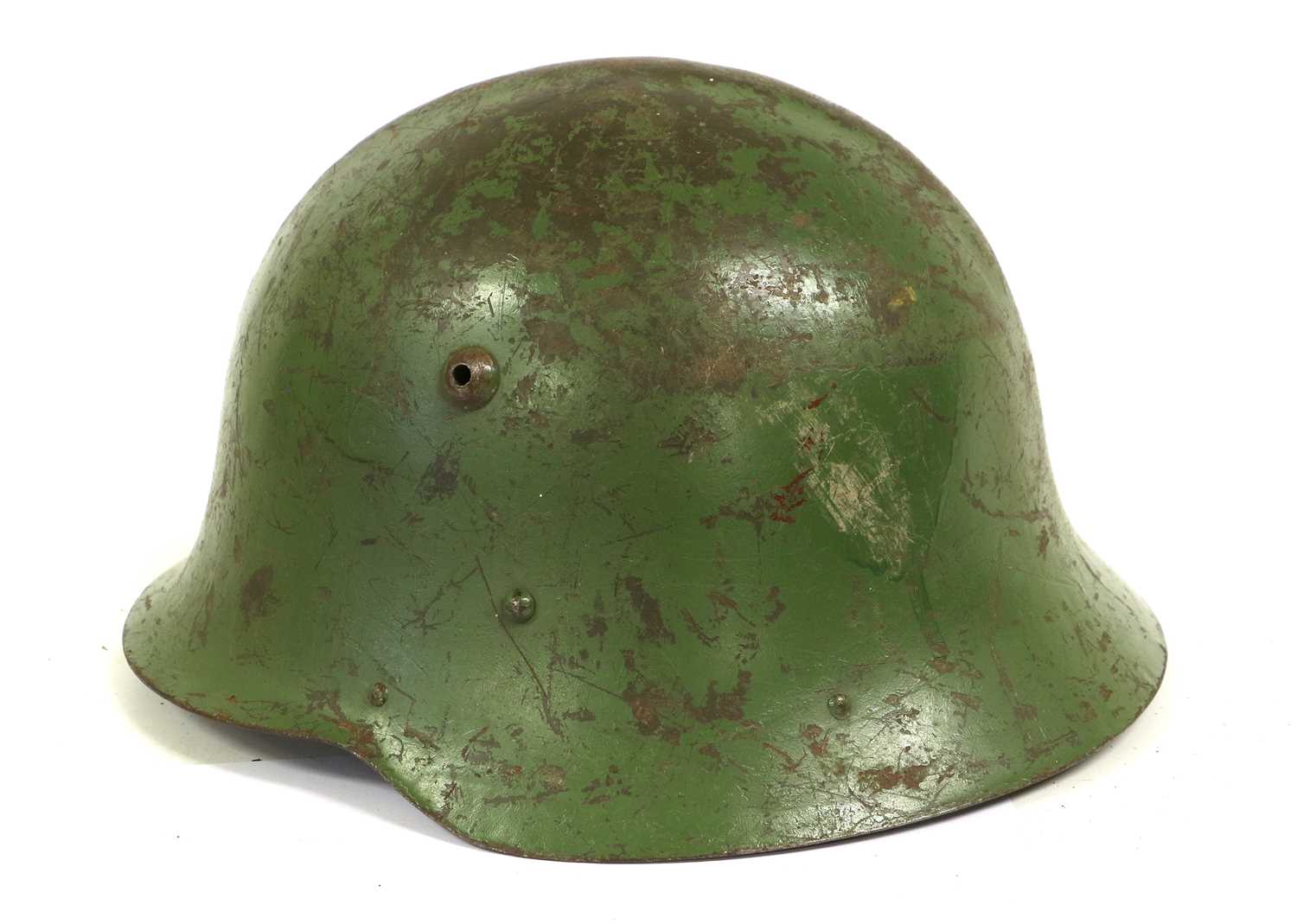 A Bulgarian M36 Type C Combat Helmet, with green paint and remnants of shield decal, the leather - Image 3 of 4