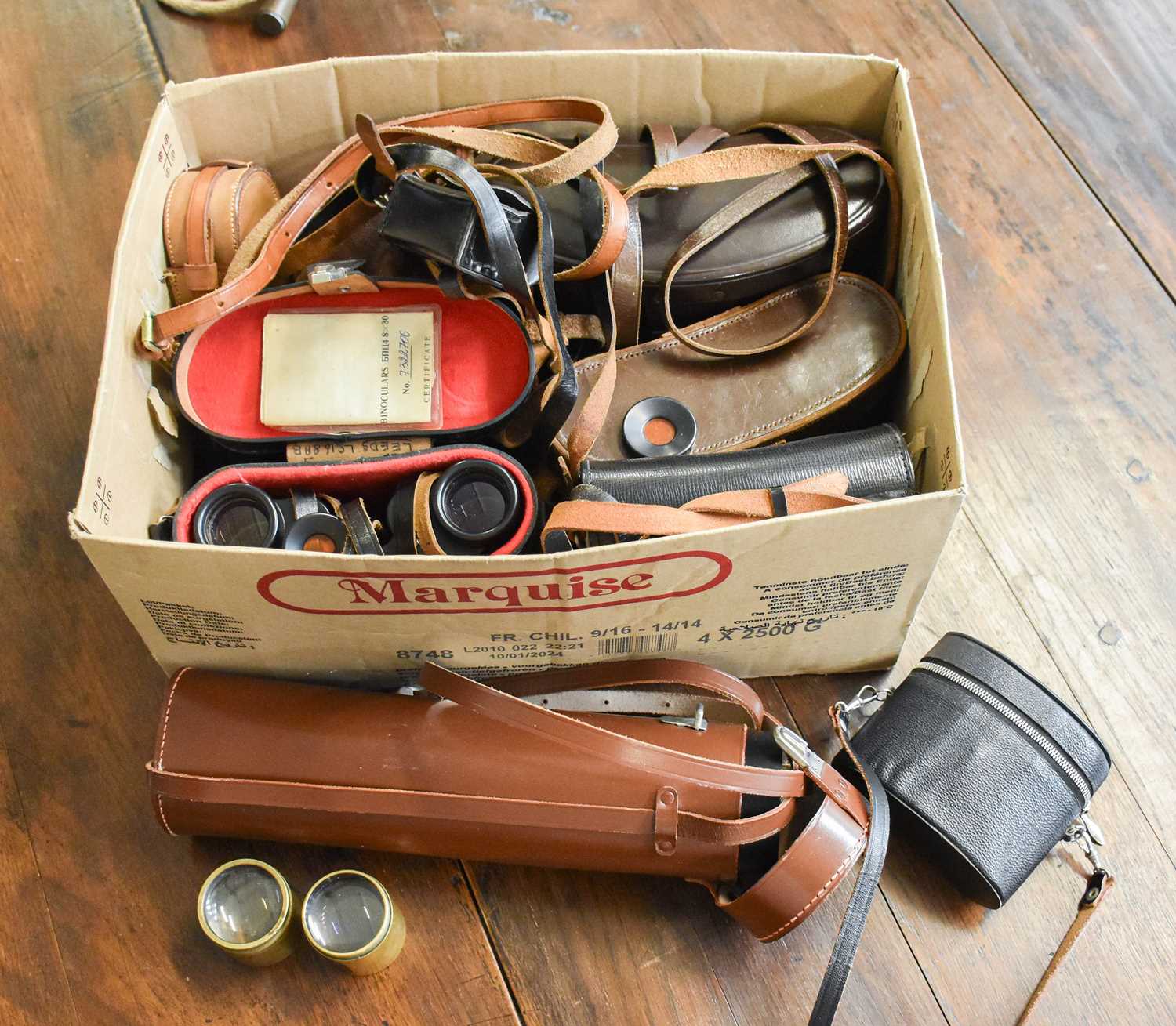 A Pair of Leather Cased Carl Zeiss 8/50 Binocluars, a pair of Ross of London binoculars and others