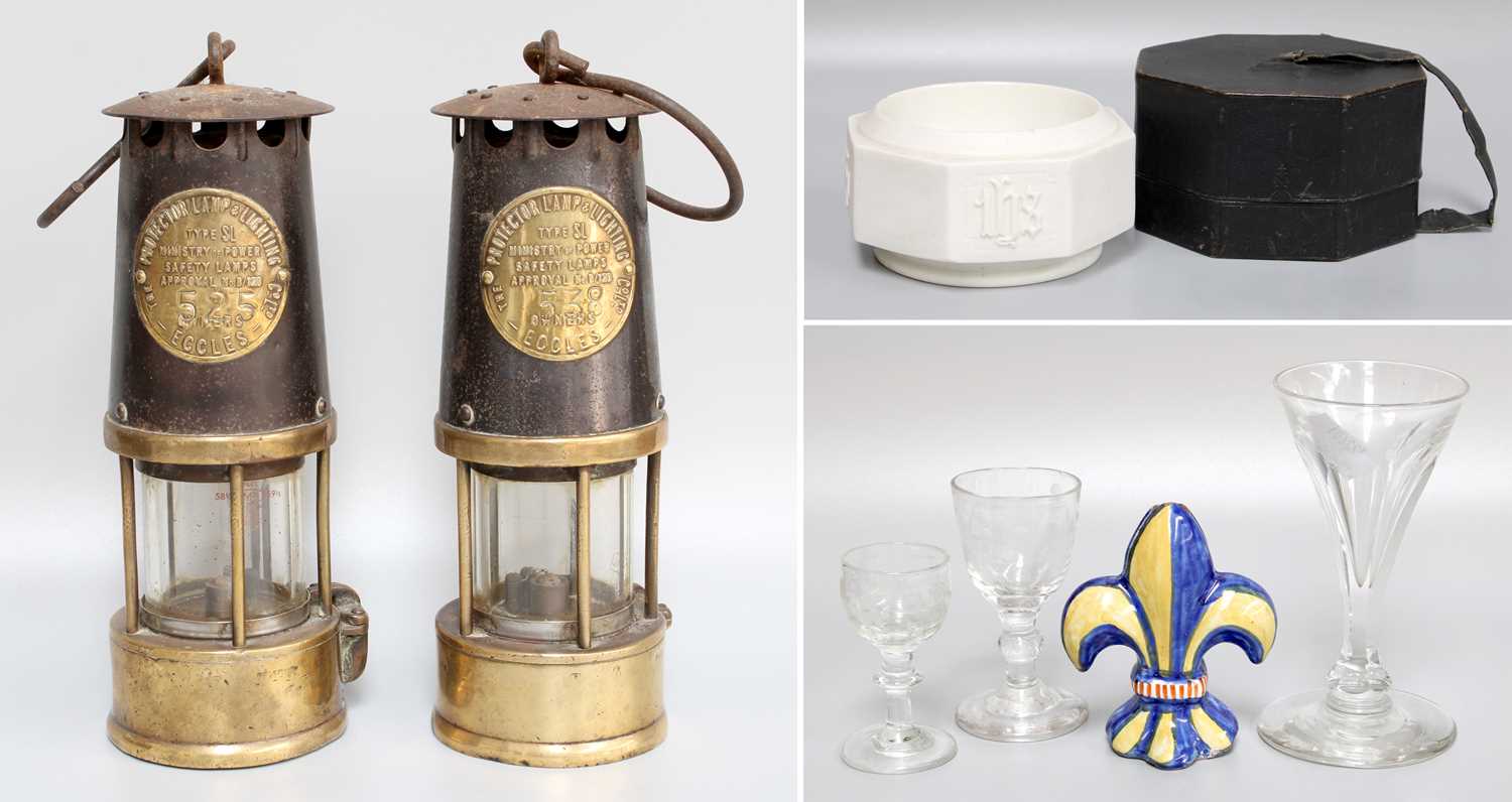 Two Type SL Eccles Miners Lamps, two early 19th century drinking glasses, Victorian drinking