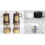 Two Type SL Eccles Miners Lamps, two early 19th century drinking glasses, Victorian drinking