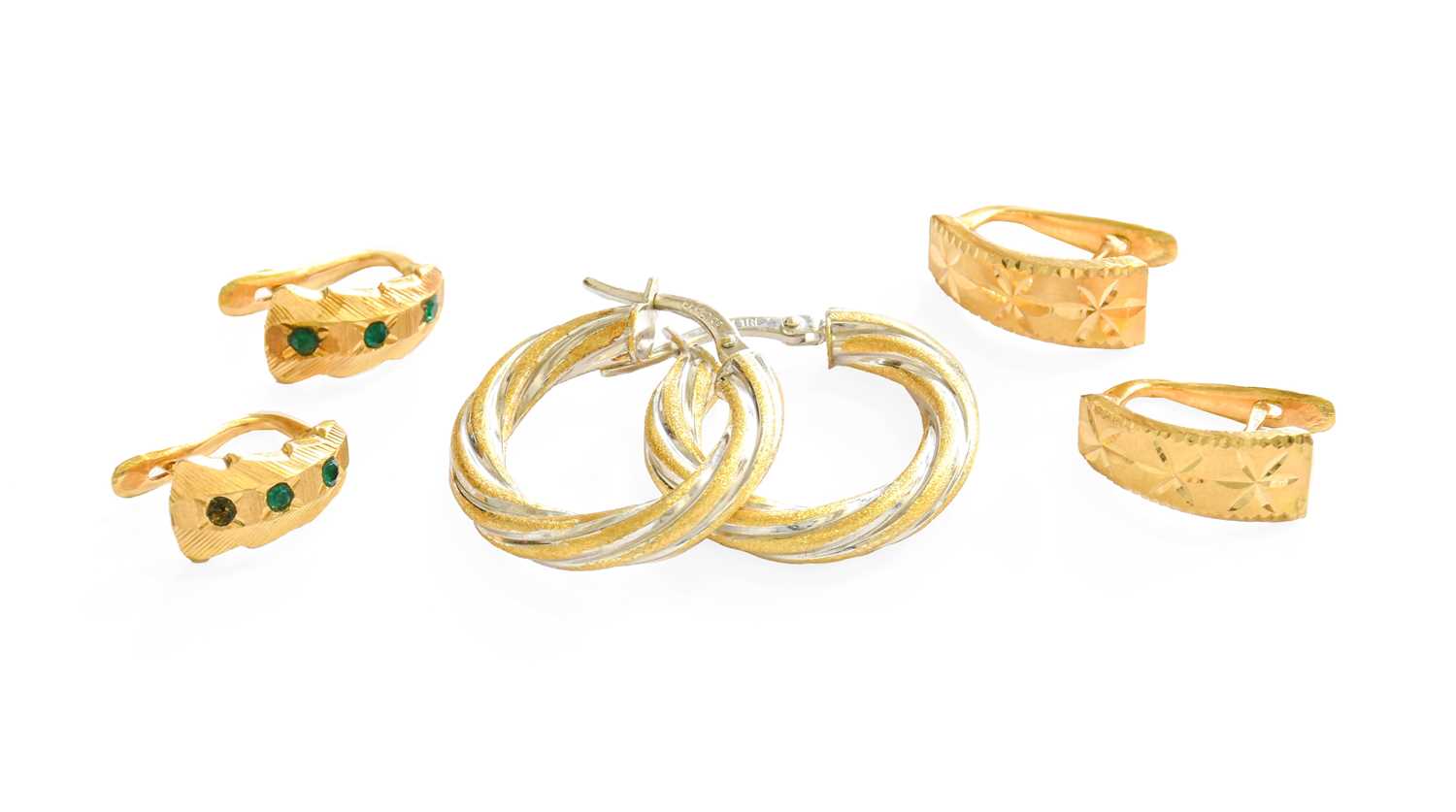 A Pair of Bi-Colour Hoop Earrings, stamped '750', with post fittings; and Two Further Pairs of