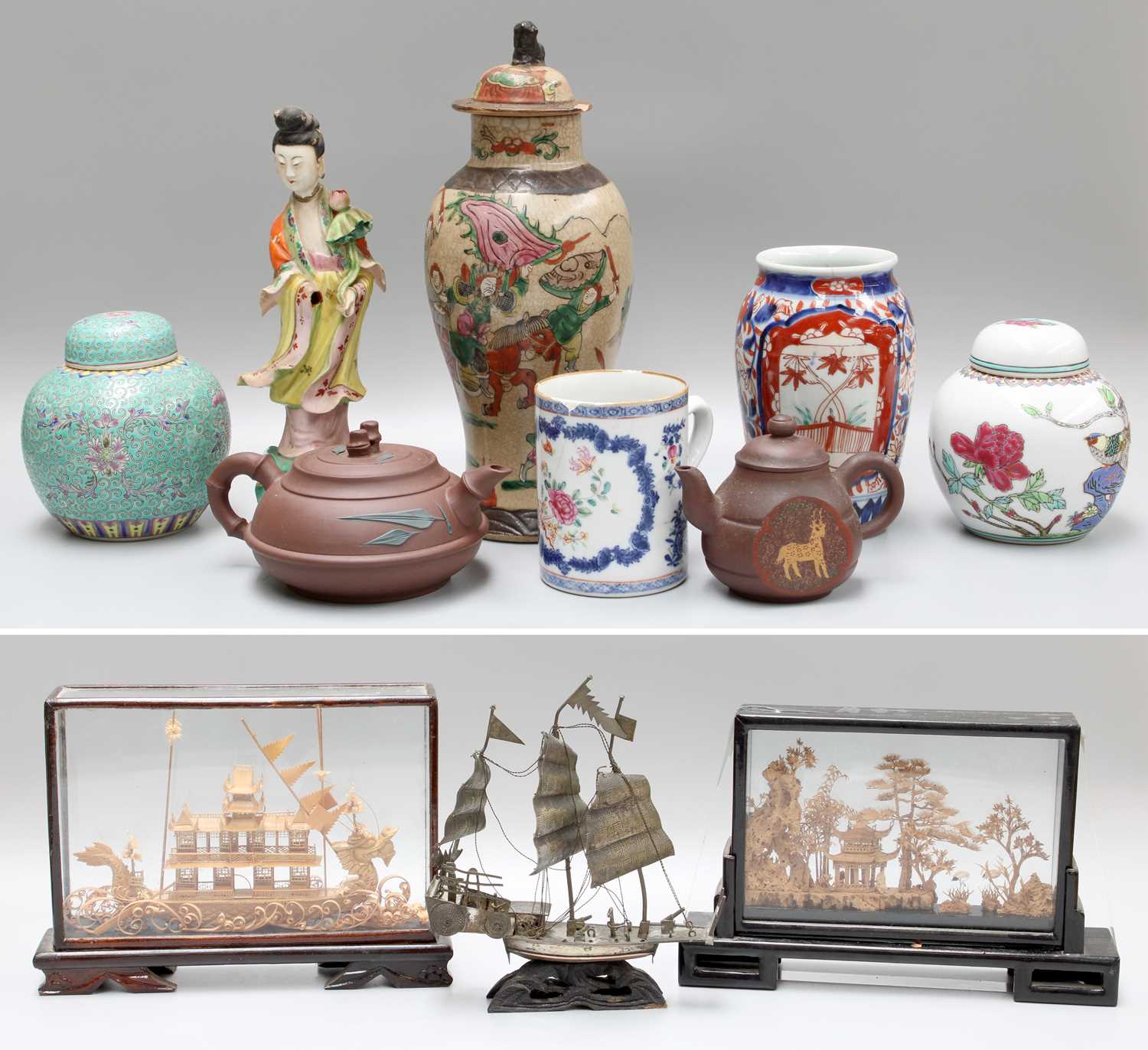 A Group of 20th Century Oriental Items Including, Zishaware tea pots, Imari vase, Guan Yin figure,