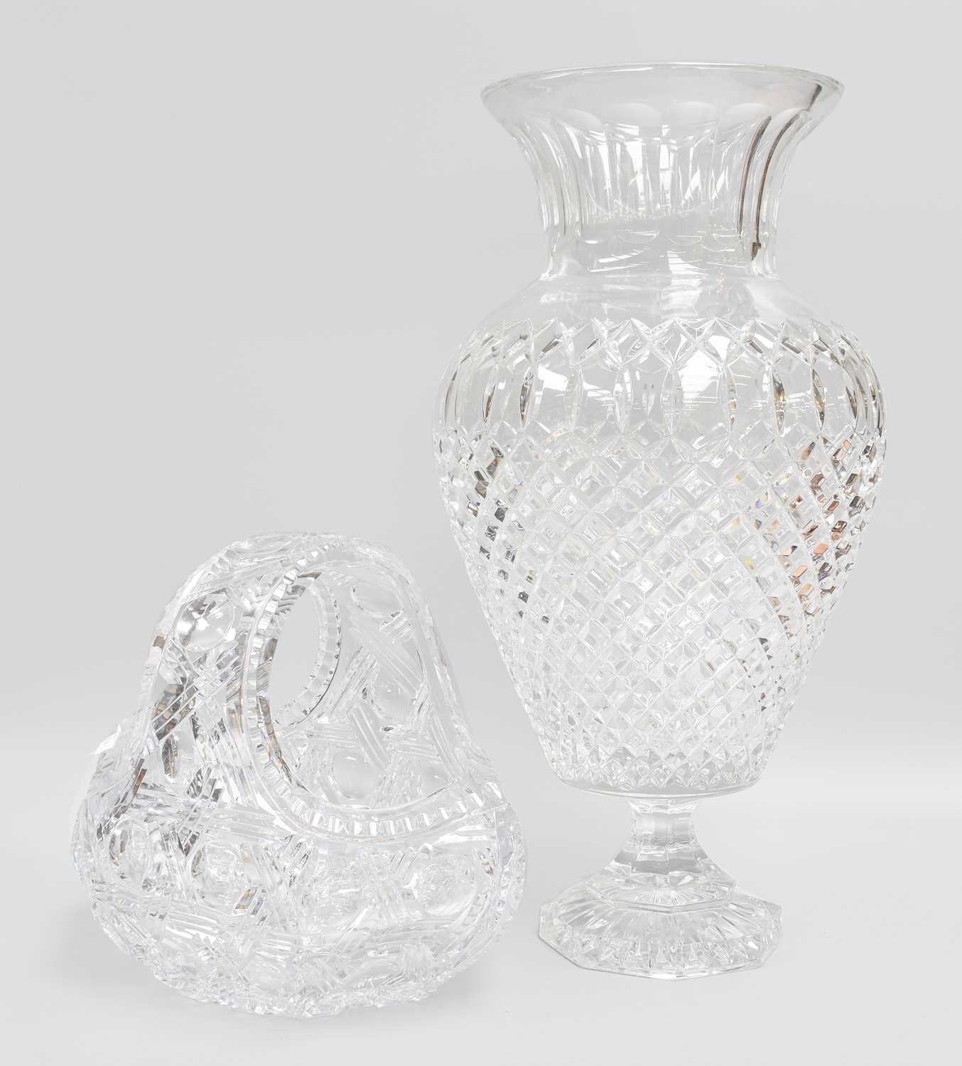 An Impressive Baluster Shaped Glass Vase, 44cm high; together with a cut glass basket (2)