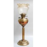A Brass Columner Oil Lamp, with etched glass shade, signed Sianne, 62cm high