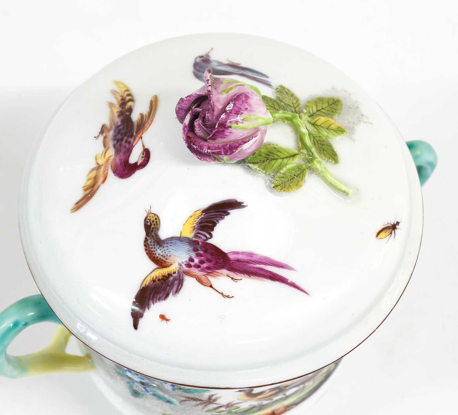 A Chelsea Porcelain Twin-Handled Chocolate Cup and Cover, circa 1755, of bell form with crabstock - Image 2 of 3