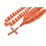 A Graduated Coral Bead Necklace, length 42cm; and A Four Strand Coral Branch Necklace, with cross