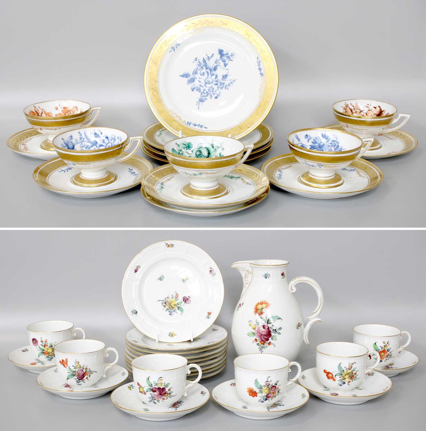 A Nymphenburg Porcelain Hot Chocolate Set, hand painted in Deutsche Blumen, comprising a chocolate