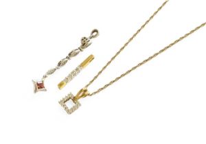 A 9 Carat Gold Diamond Pendant on Chain, of openwork square form, pendant length 1.5cm, chain length