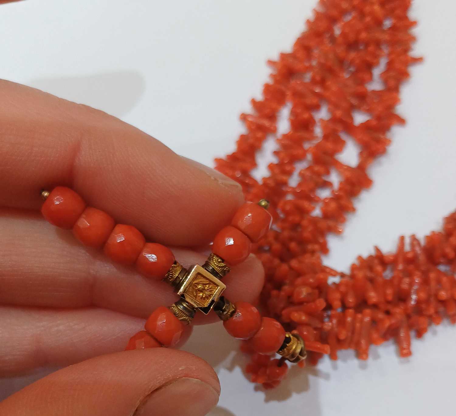 A Graduated Coral Bead Necklace, length 42cm; and A Four Strand Coral Branch Necklace, with cross - Image 8 of 9