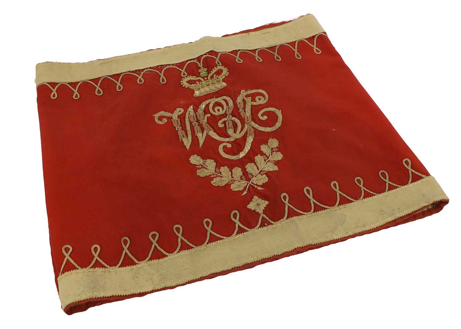 A Victorian Westmorland and Cumberland Yeomanry Kettle Drum Banner, in scarlet wool with embroidered - Image 2 of 2