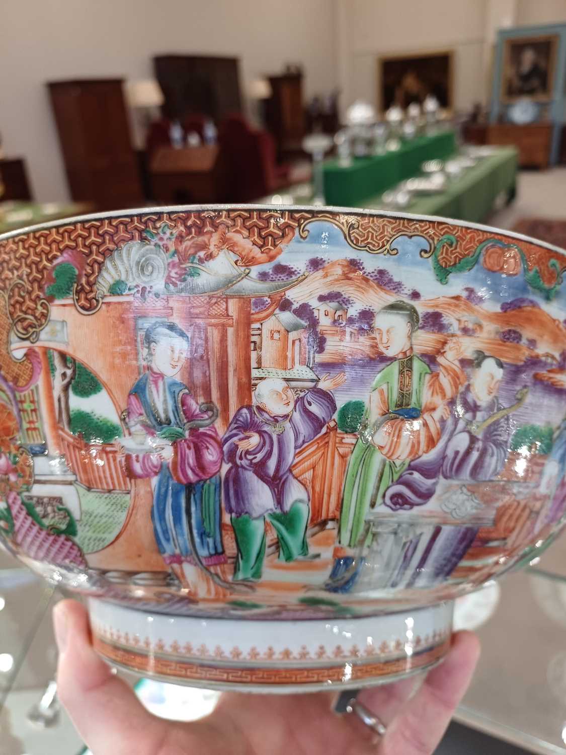 A Chinese Porcelain Punch Bowl, Qianlong, painted in the Mandarin palette with figures in - Image 7 of 11