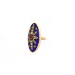 A Garnet, Diamond and Enamel Ring, the round cabochon carbuncle garnet to eight radial arms set