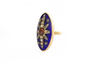 A Garnet, Diamond and Enamel Ring, the round cabochon carbuncle garnet to eight radial arms set
