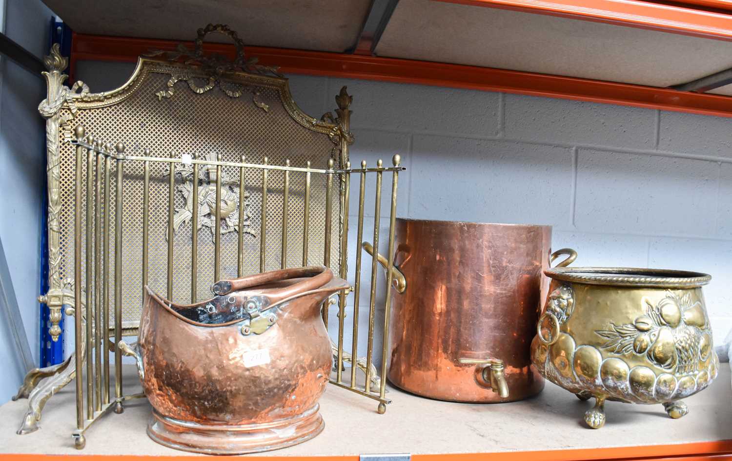 A 19th Century Coal Bucket, copper helmet form coal bucket, copper urn, brass spark guard, brass