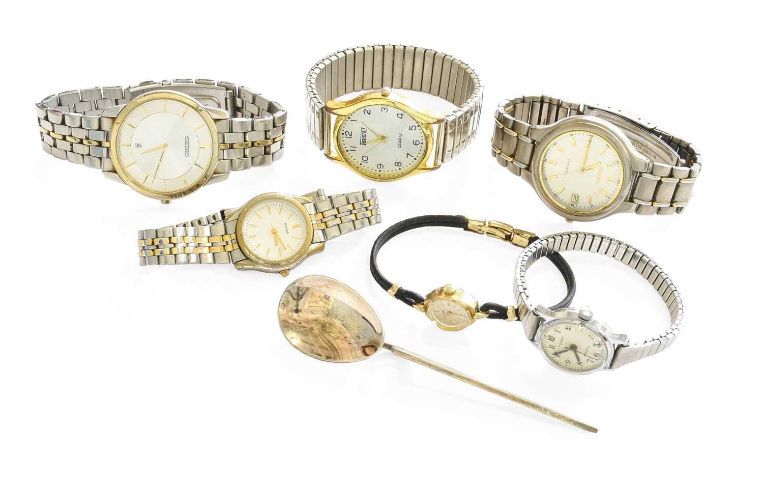 A Lady's Tudor Plated Wristwatch, in Tudor box, two Seiko quartz wristwatches, three other watches