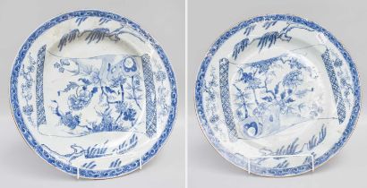 A Pair of 18th Century Chinese Blue and White Chargers Diameter - 39cm Both with over spray