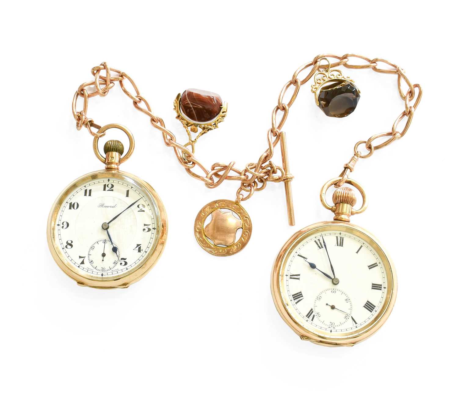 A 9 Carat Gold Record Pocket Watch, a 9 Carat Gold Curb Link Watch Chain, with two attached 9