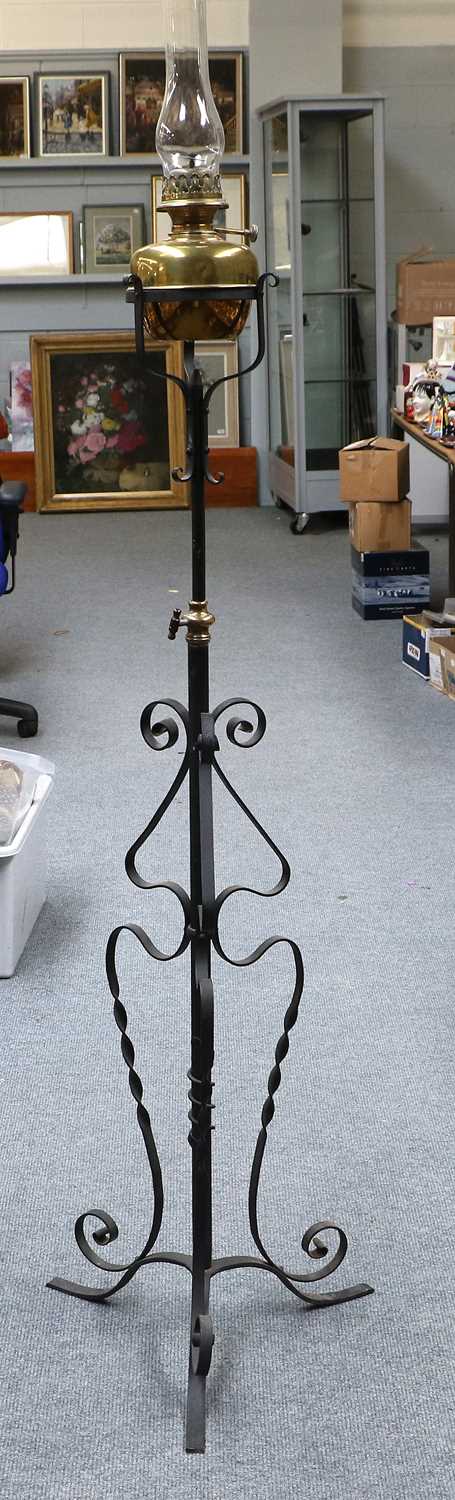 A 19th Century Brass Oil Lamp, on wrought iron stand, together with four other various examples - Image 6 of 6