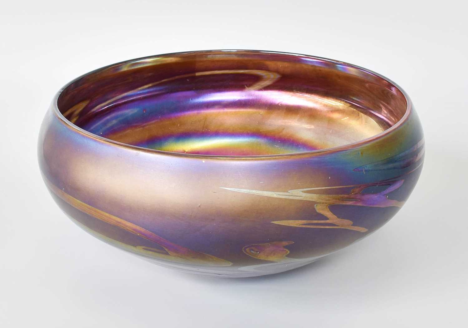 An Iridescent Glass Bowl, with presentation Inscription, dated 1991, 29cm diameter