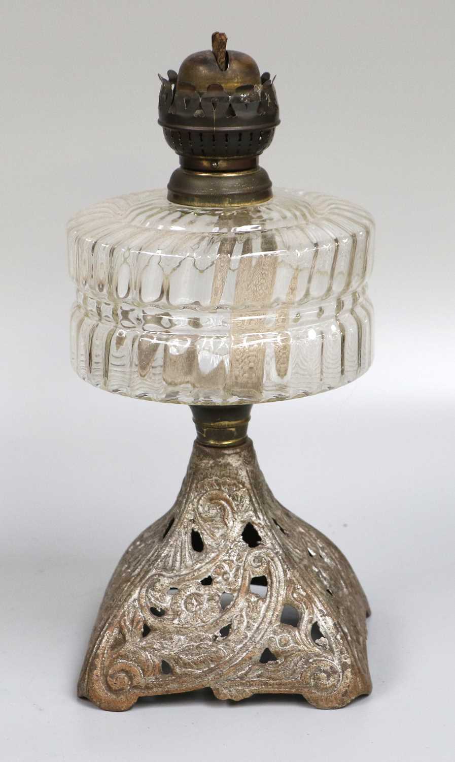 A 19th Century Brass Oil Lamp, on wrought iron stand, together with four other various examples - Image 4 of 6