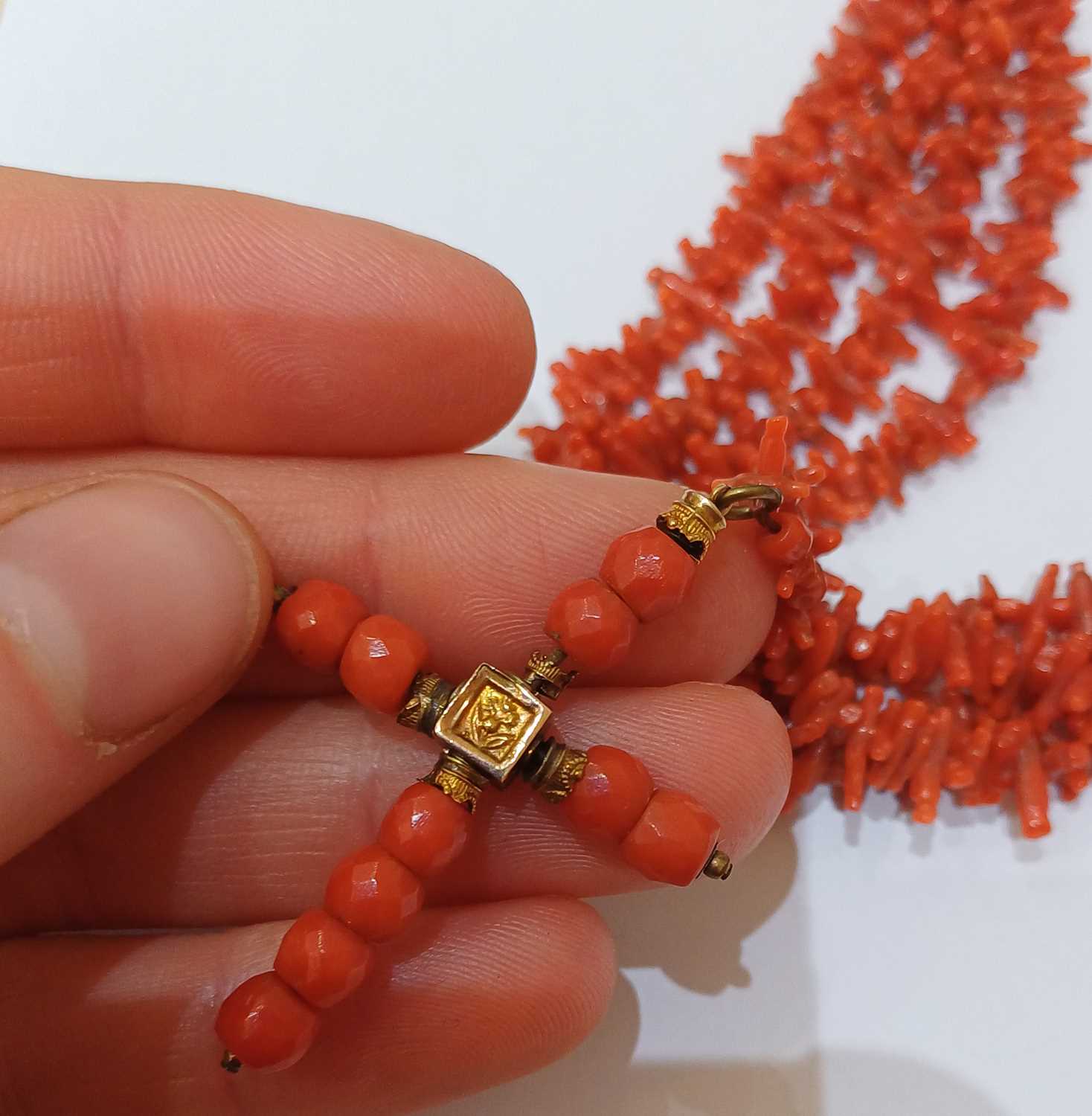 A Graduated Coral Bead Necklace, length 42cm; and A Four Strand Coral Branch Necklace, with cross - Image 6 of 9