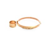 A 9 Carat Gold Band Ring, finger size L1/2 and A Split Pearl Hinged Bangle, inner measurements 5.8cm