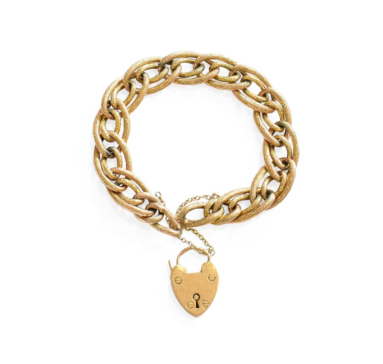 A Curb Link Bracelet, the textured links Stamped '9C' with a heart shaped padlock clasp, stamped '