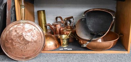 A Group of 19th Century Metalwares Including, a copper watering can, helmet form coal skuttle,