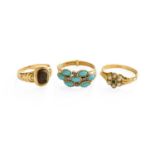 A Turquoise and Diamond Triple Ring, finger size N; A Hardstone Cameo Ring, finger size G1/2; and An