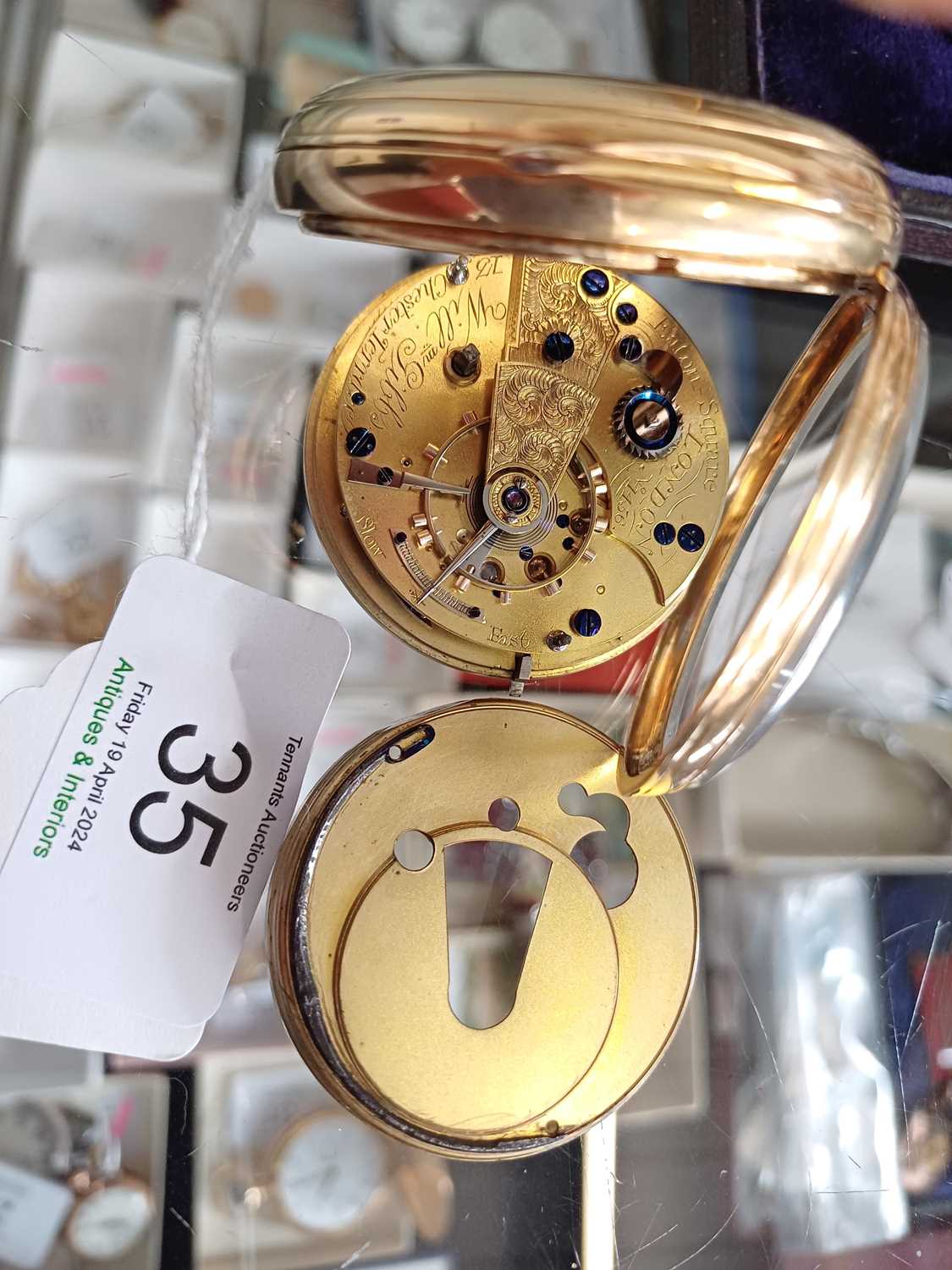 An 18 carat gold open faced pocket watched, signed William Gibbs Pimlico, number 1456, with original - Image 3 of 3