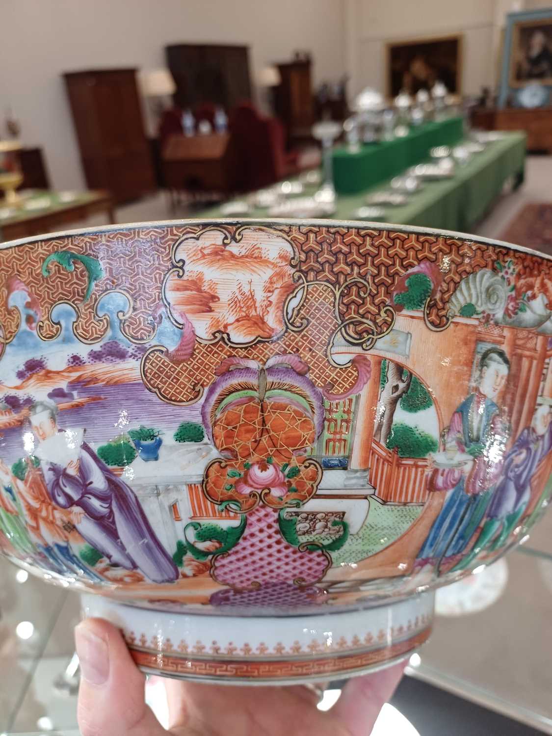 A Chinese Porcelain Punch Bowl, Qianlong, painted in the Mandarin palette with figures in - Image 4 of 11