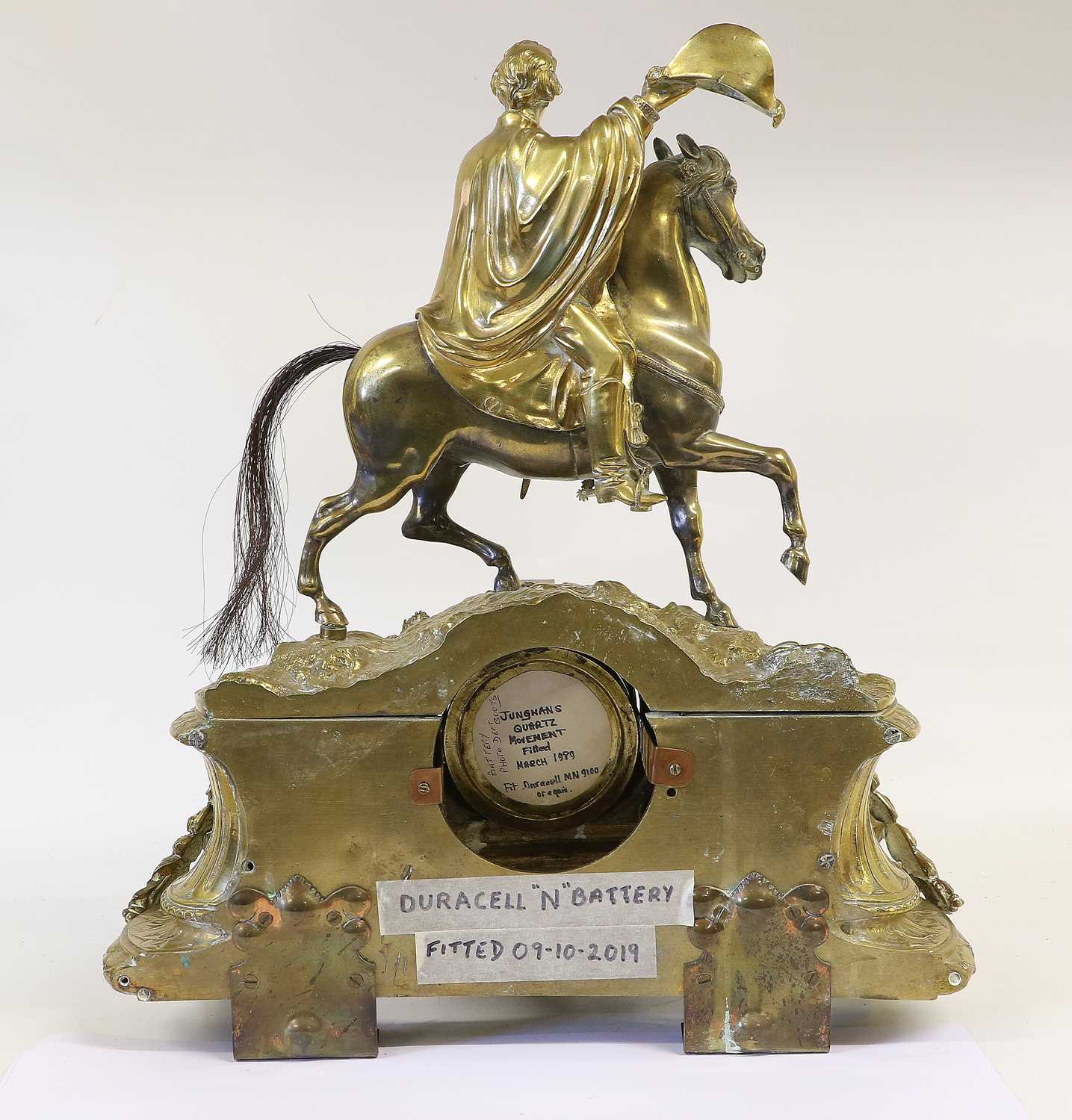 A 19th Century Brass Mantel Clock, the white enamel chapter ring with black arabic numerals, with - Image 2 of 2