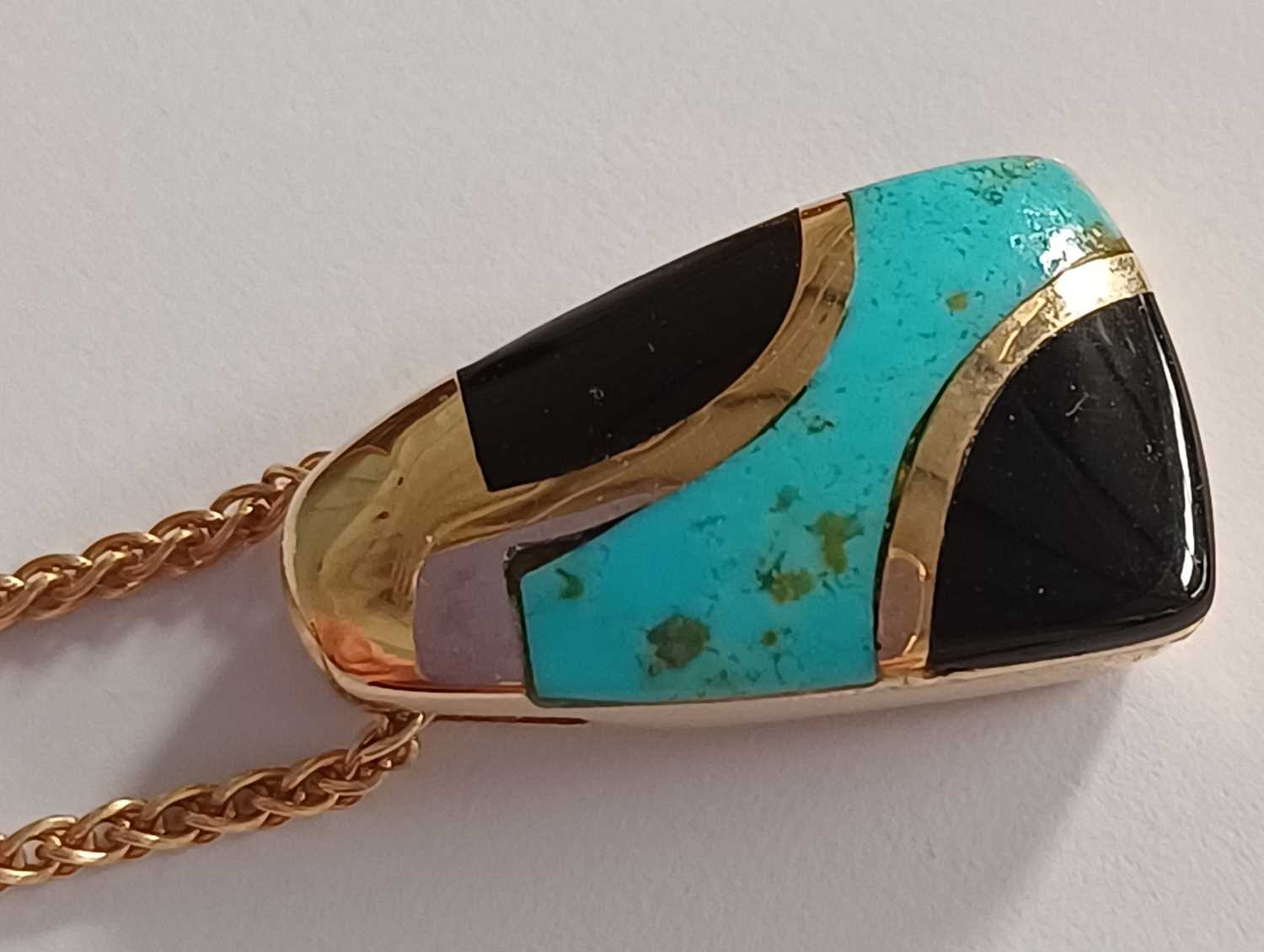 A 9 Carat Gold Turquoise and Jet Pendant on Chain, pendant length 1.8cm, chain length 41.5cm; and - Image 4 of 4