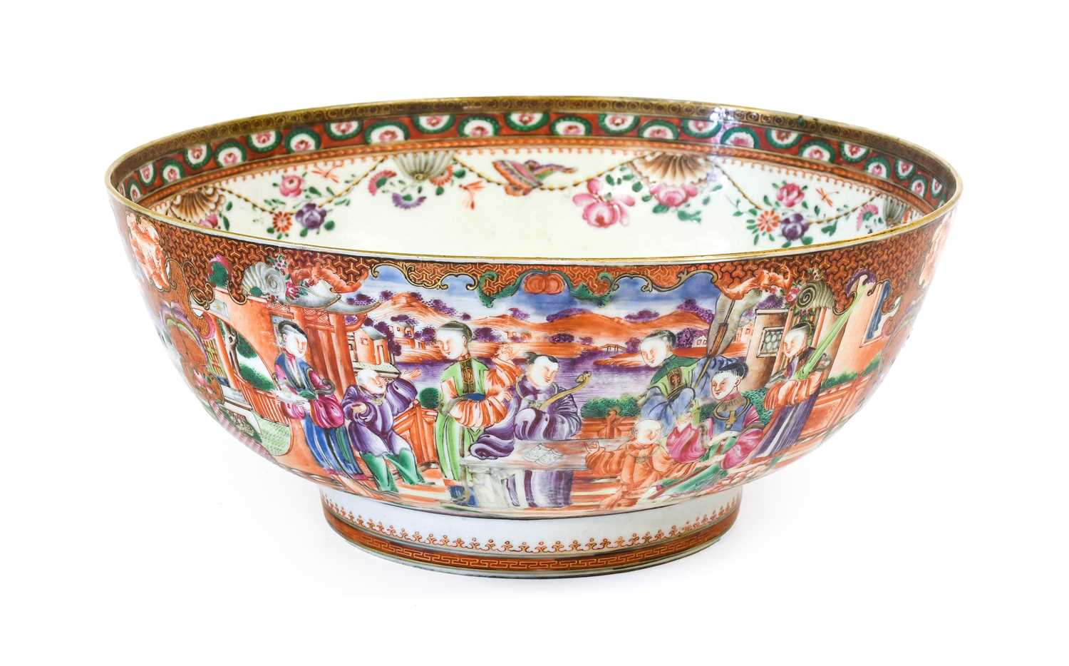 A Chinese Porcelain Punch Bowl, Qianlong, painted in the Mandarin palette with figures in