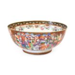 A Chinese Porcelain Punch Bowl, Qianlong, painted in the Mandarin palette with figures in