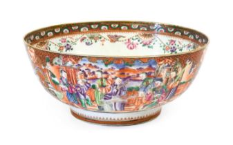 A Chinese Porcelain Punch Bowl, Qianlong, painted in the Mandarin palette with figures in