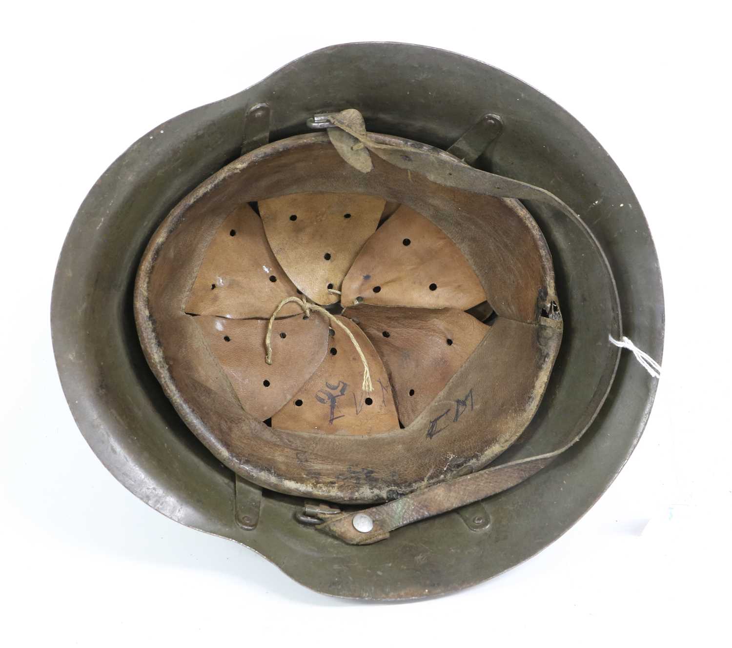 A Bulgarian M36 Type C Combat Helmet, with green paint and remnants of shield decal, the leather - Image 2 of 4